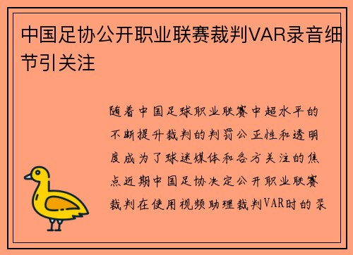 中国足协公开职业联赛裁判VAR录音细节引关注